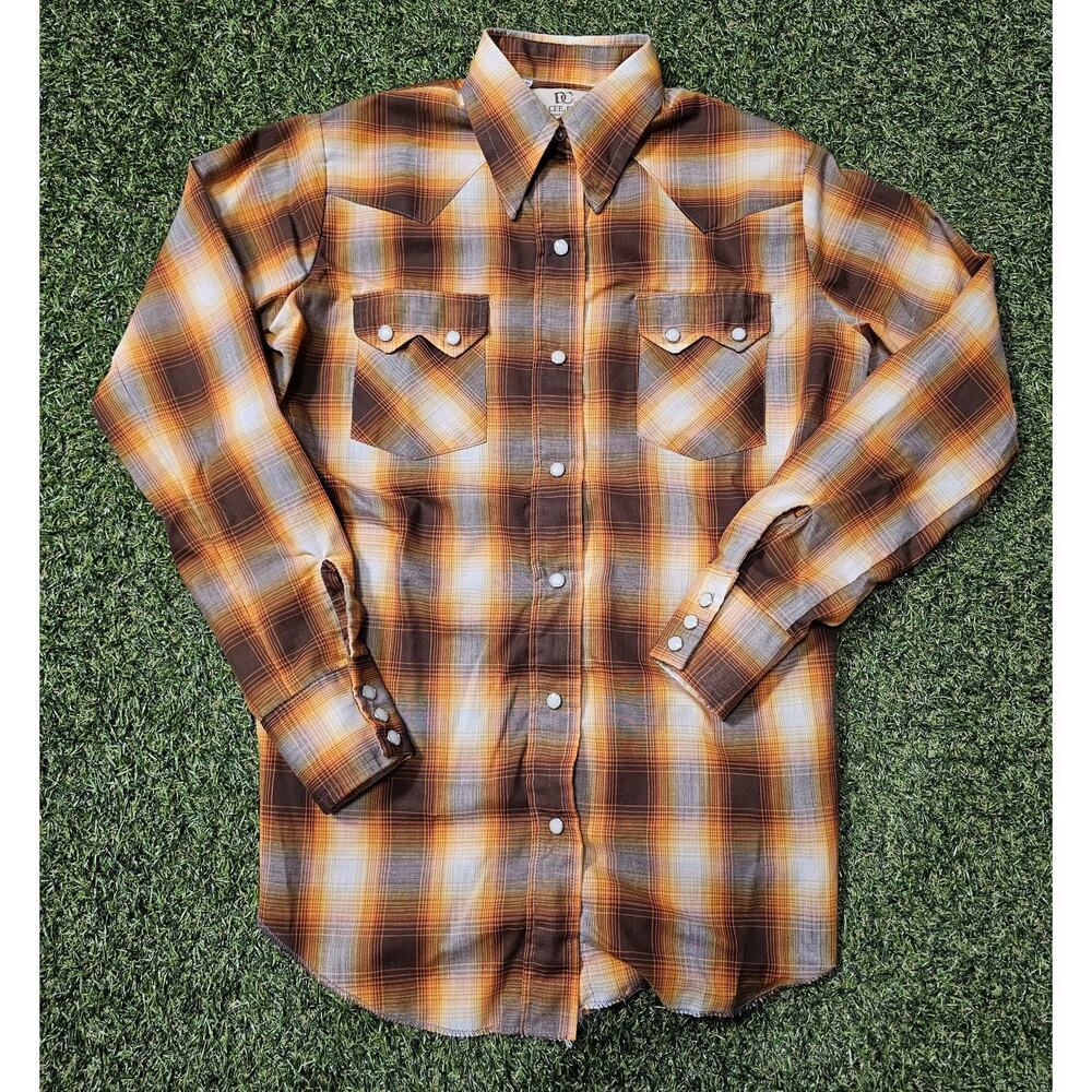 Vintage Dee Cee Pearl Snap Shirt Women's 34 USA Orange Red Plaid Western EUC